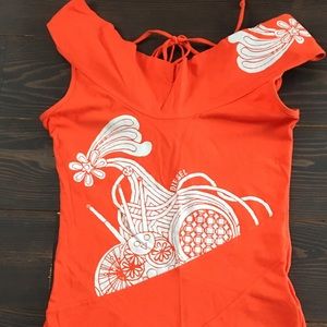 Diesel orange shirt. Cowl neck with tie in back. Could be worn off shoulders.